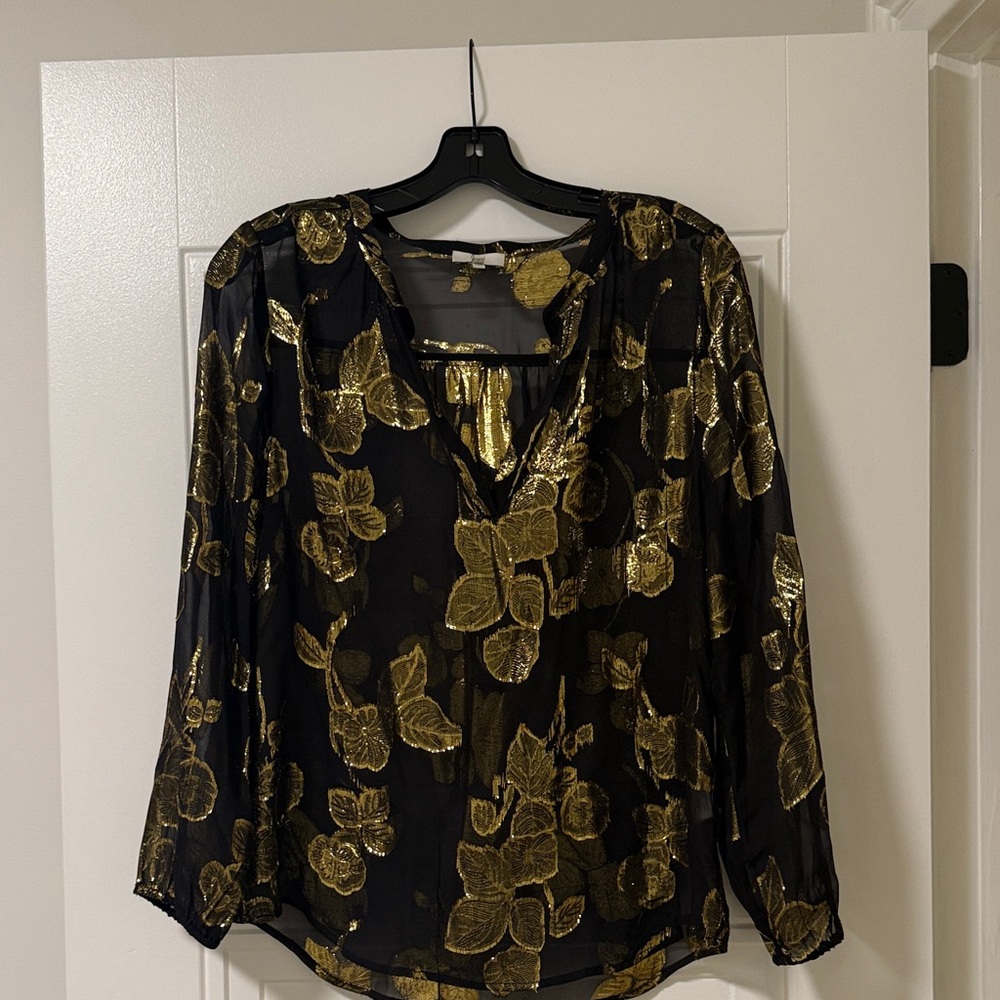 Joie Black and Gold Leaf Print Blouse
